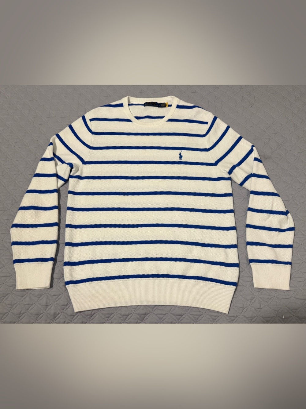 Polo Ralph Lauren Mens Medium Sweater Royal Blue White Striped Knitwear Crewneck